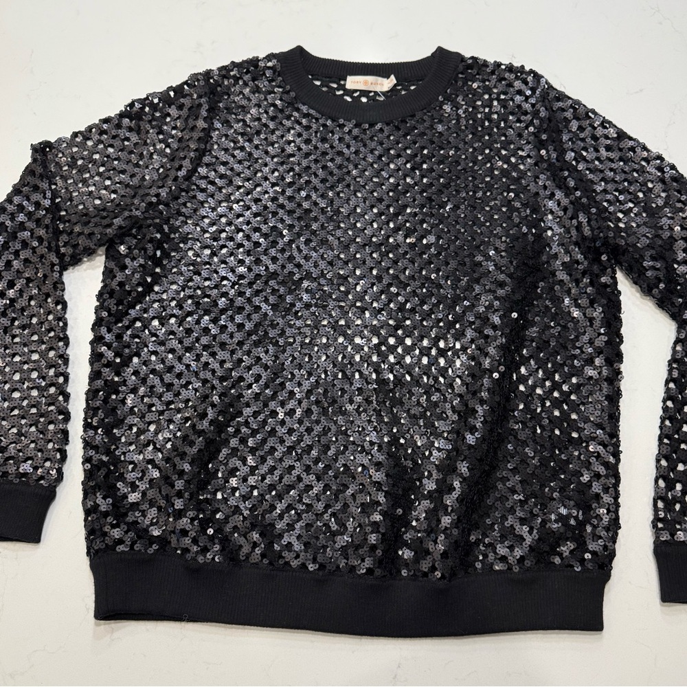 EUC Tory Burch Black Lansing Sequin Open Knit Sweater Long Sleeve – Size XLarge - Picture 4 of 10